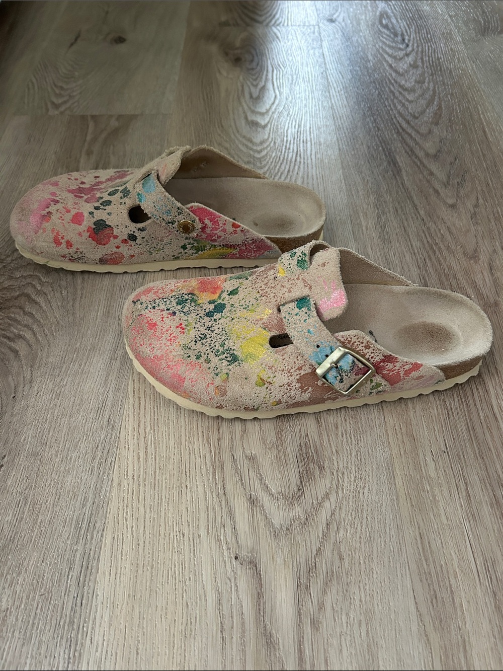 Birkenstock Rare Flower Crush Paint Splatter Print Boston Clog Sandals 38 7 - Picture 2 of 6